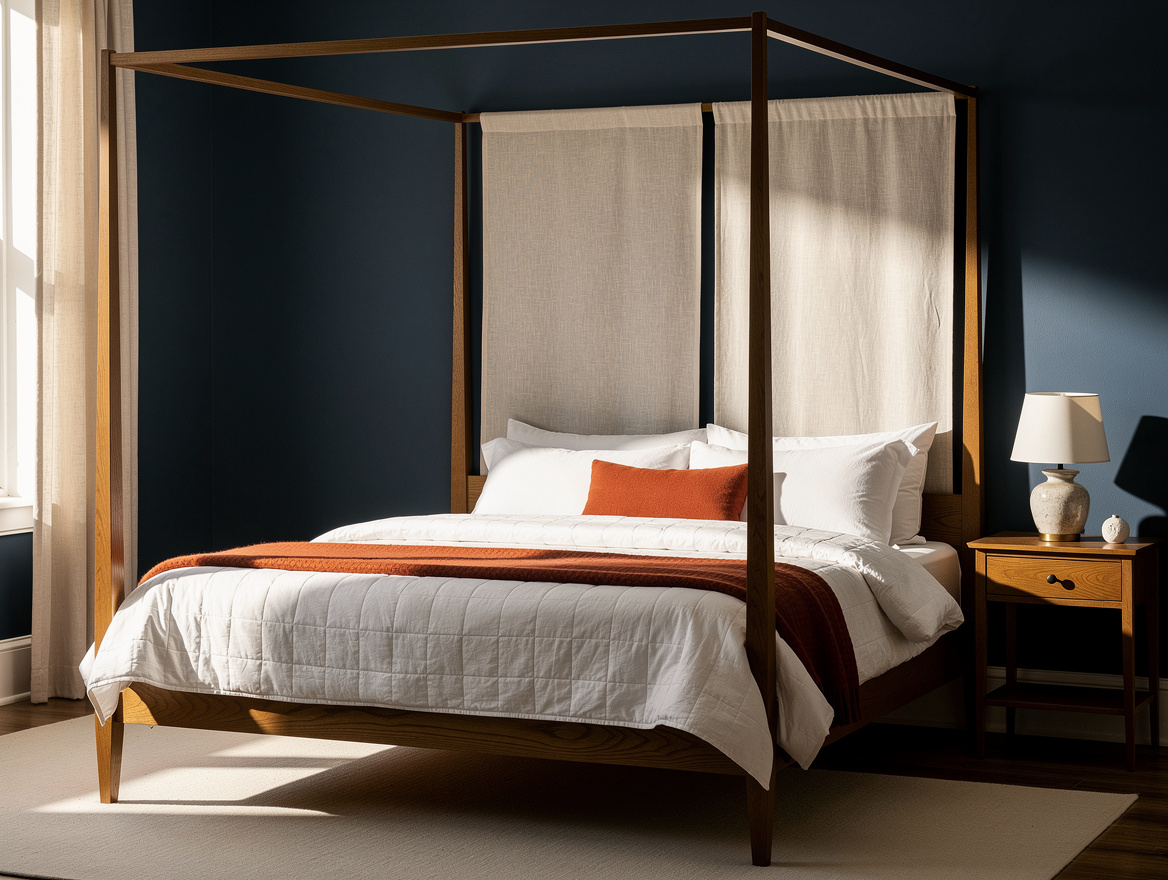 Medium-angle editorial photo of a queen four-poster bed with two rear linen pane