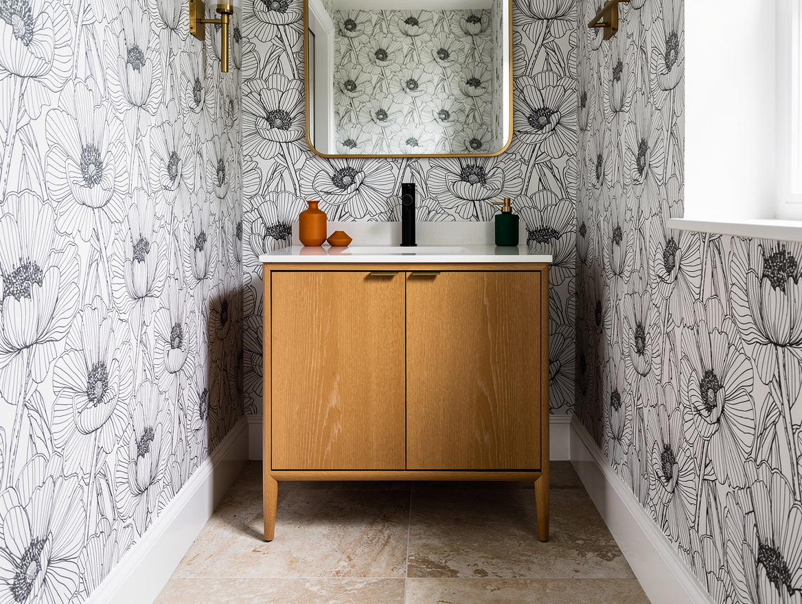 Medium view of a small powder room with black-and-white line floral wallpaper, m