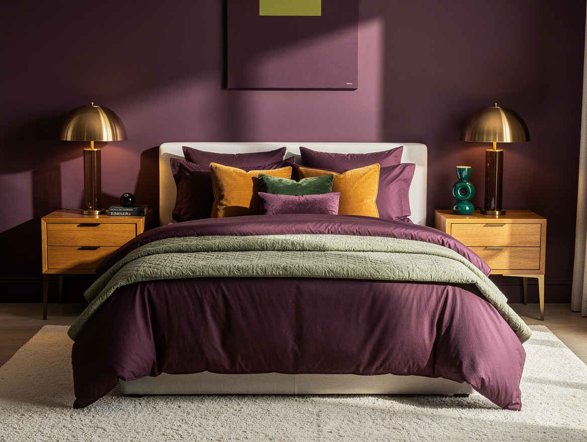Medium-view photograph of a plum bedroom with honey oak nightstands, sage quilt,