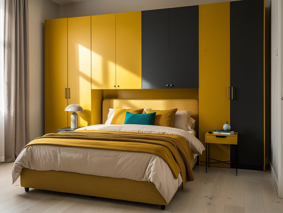 Medium shot of a small American bedroom with an IKEA PAX built-in wardrobe wall,