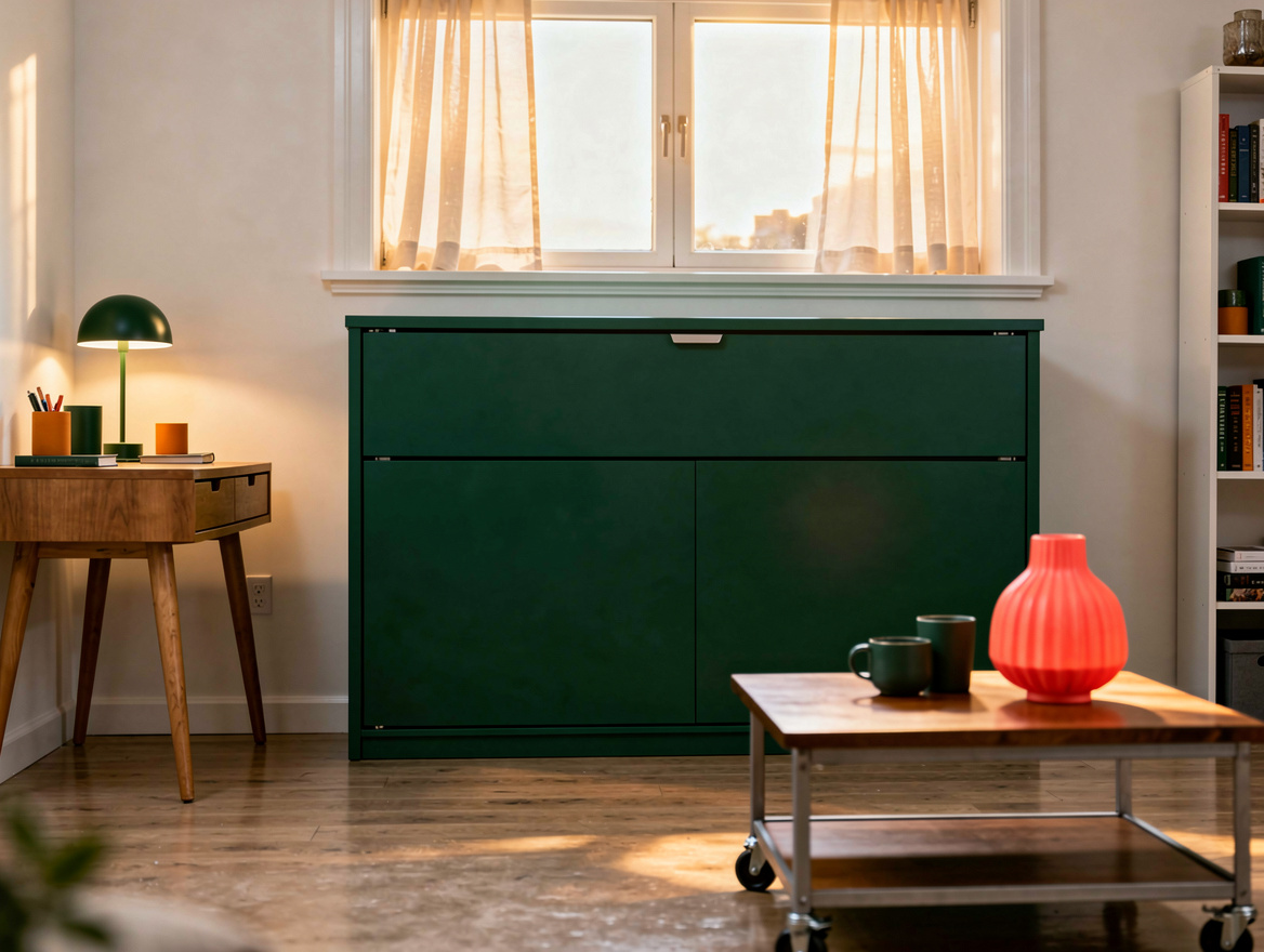 Medium shot of a small studio with a horizontal Murphy bed cabinet under a windo