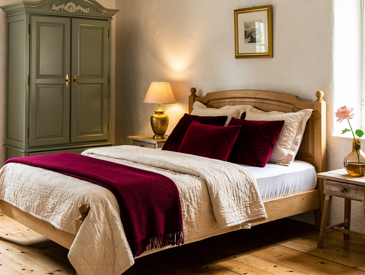 Medium view of a French country bedroom with a muted sage painted wardrobe, warm