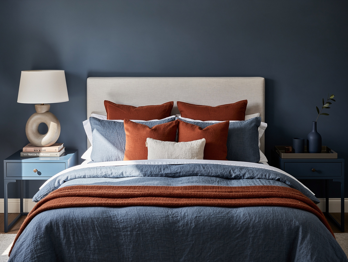 Medium shot of a shared bed framed by two coordinated but individually styled ni