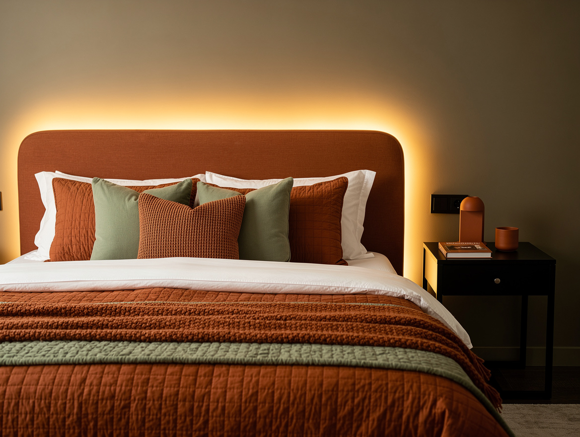 Medium shot of a queen bed with an upholstered headboard and subtle amber LED ha