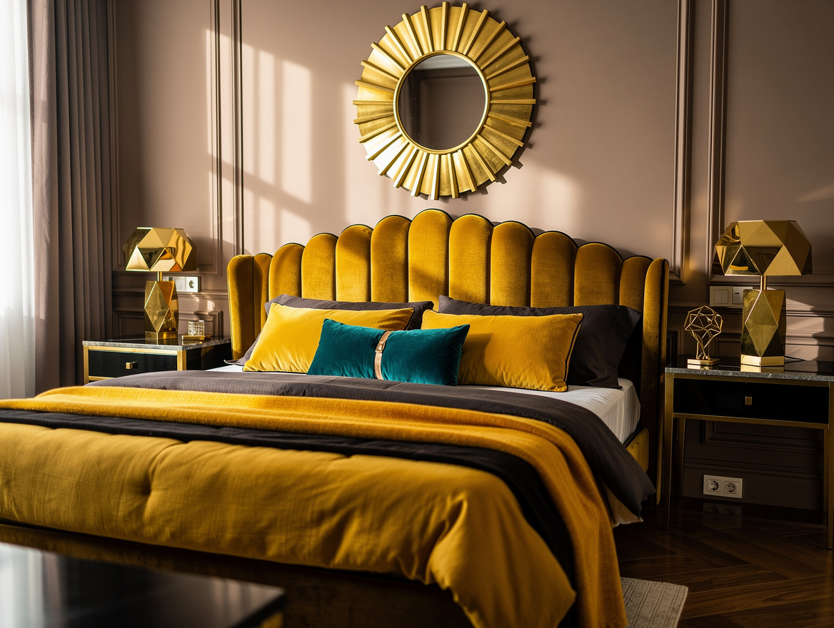 Medium-wide realistic photo of a warm taupe Art Deco bedroom with scalloped velv