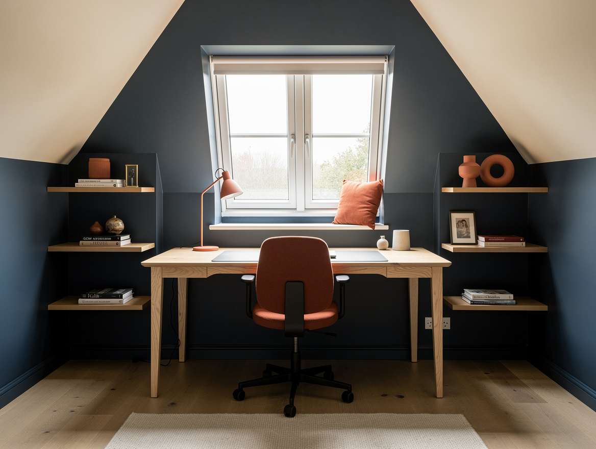 Medium shot of a bright attic office with a desk fitted into a wide dormer windo