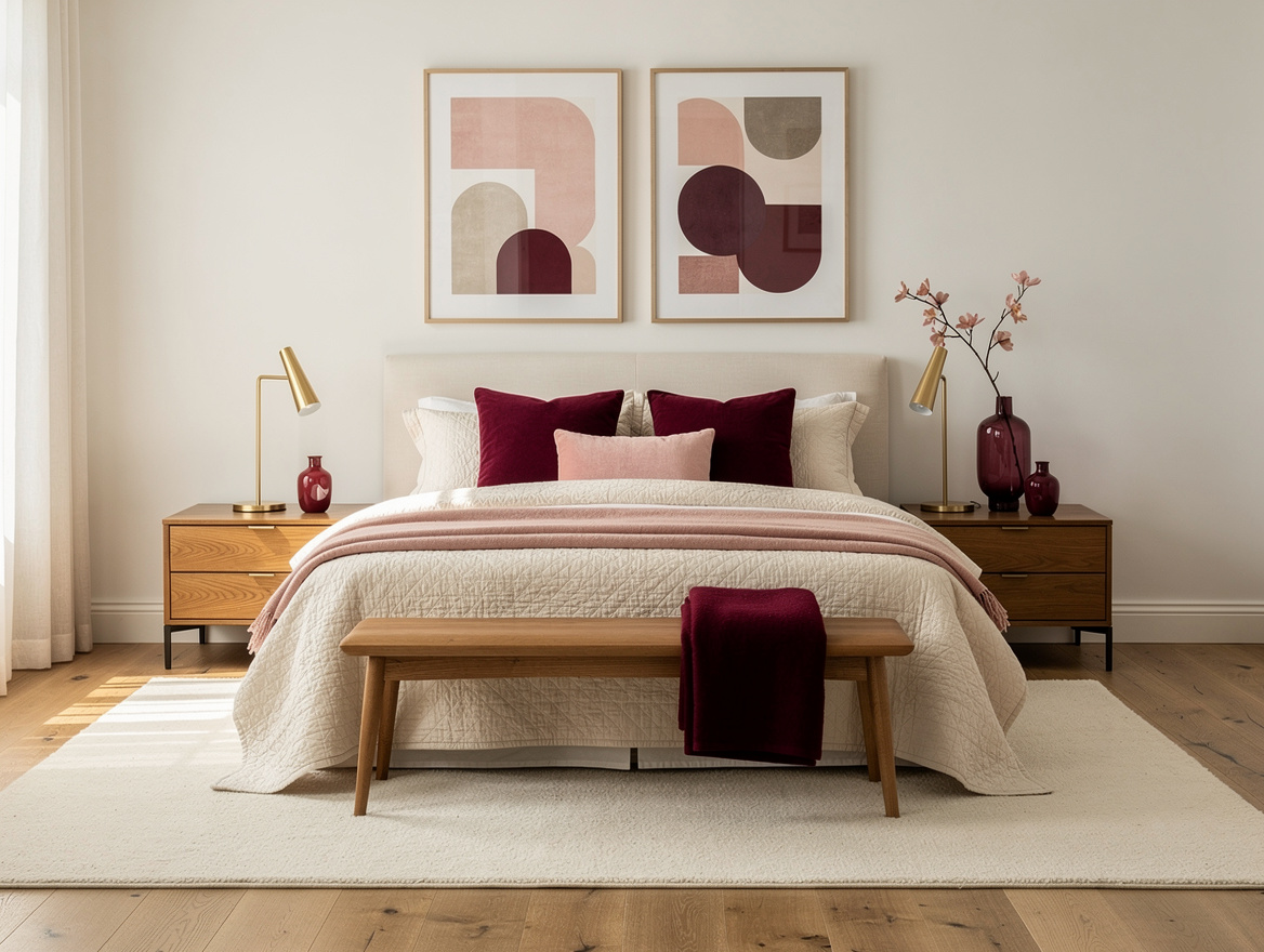 Medium shot realistic bedroom photo with Sherwin-Williams Alabaster style warm w