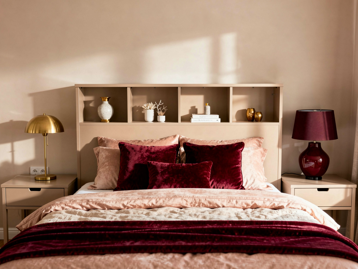 Medium shot of a compact bedroom with a wall-mounted IKEA-style storage headboar