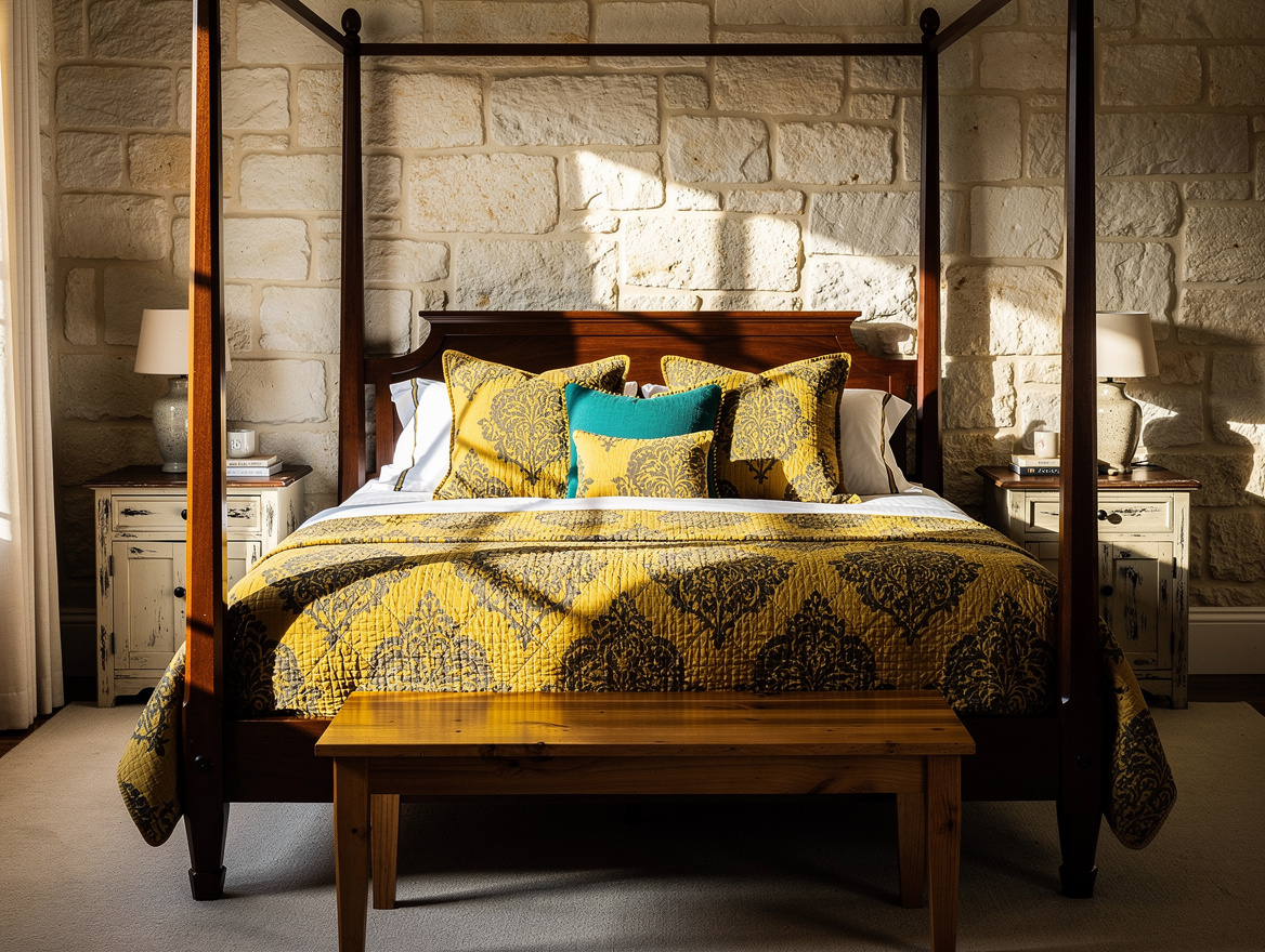 Medium-view photograph of a traditional bedroom with a dark walnut four-poster b