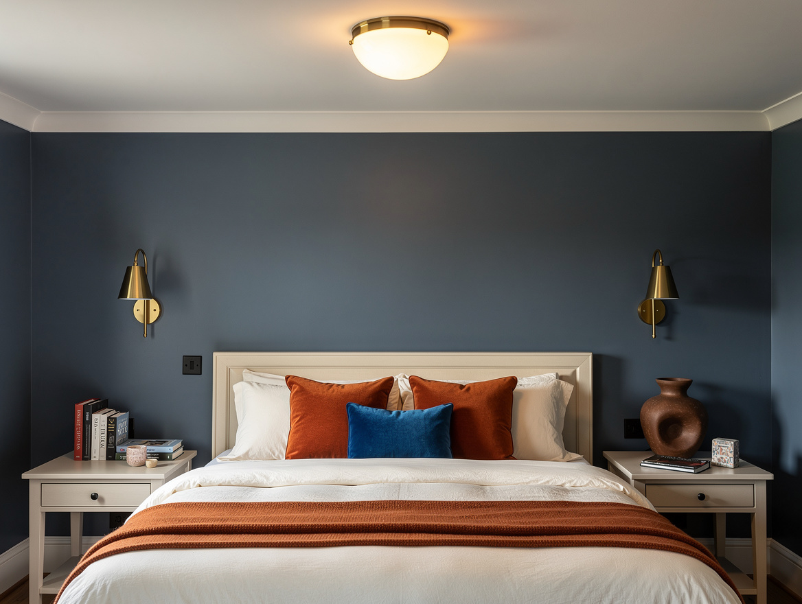 Medium-angle photo of an 8-foot-ceiling bedroom with an opal glass flush mount a