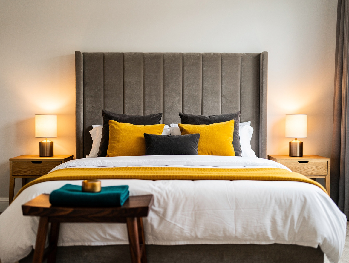 Realistic medium-shot interior photograph of a neutral bedroom with a tall greig