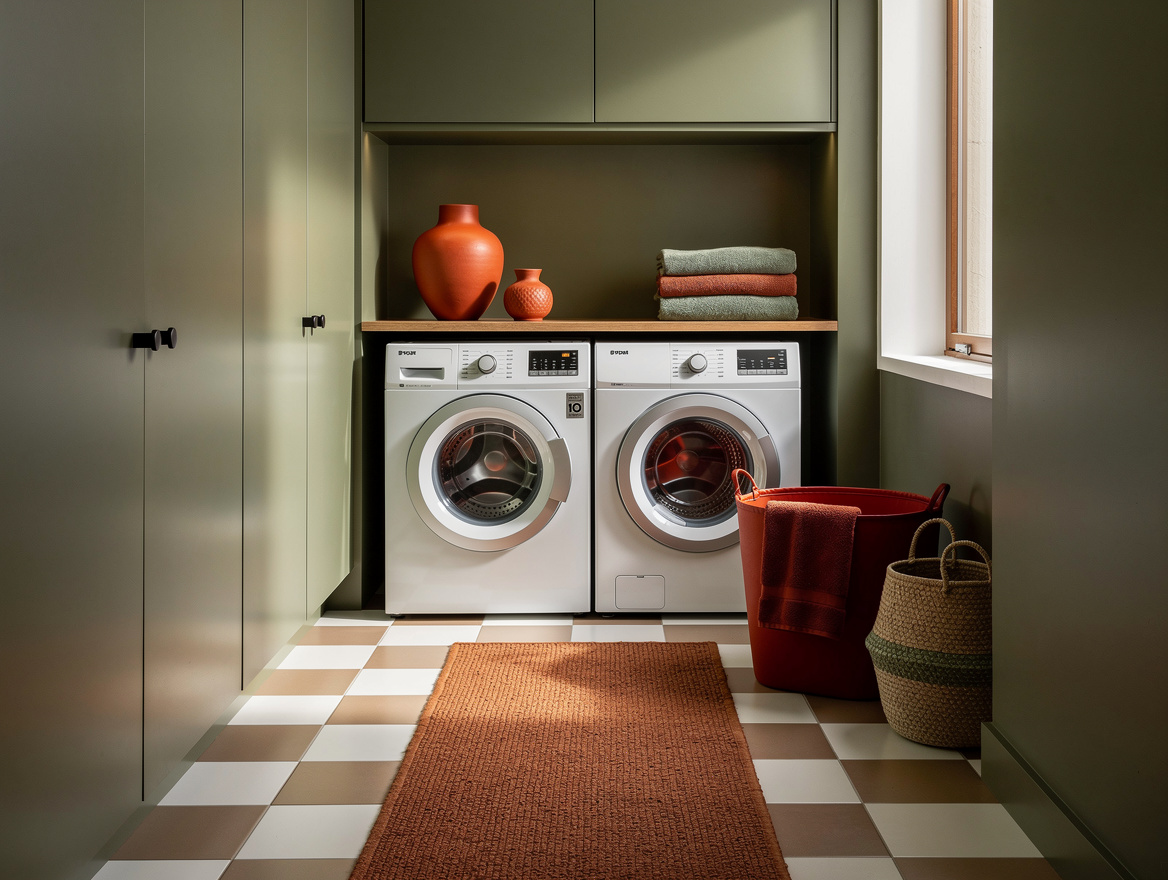 Medium-angle realistic photo of a narrow laundry room with white and taupe 12-in
