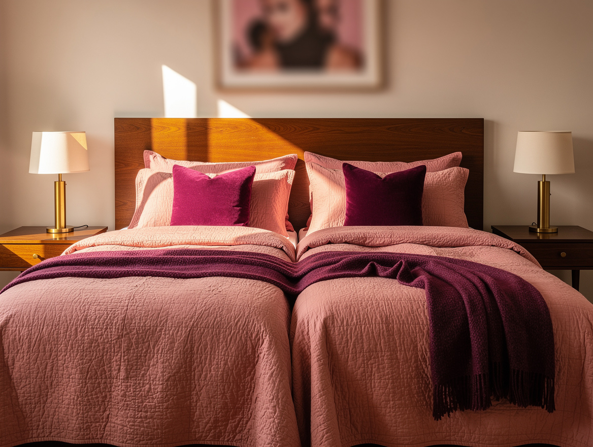 Medium shot editorial bedroom photo showing a queen bed with separate matching d