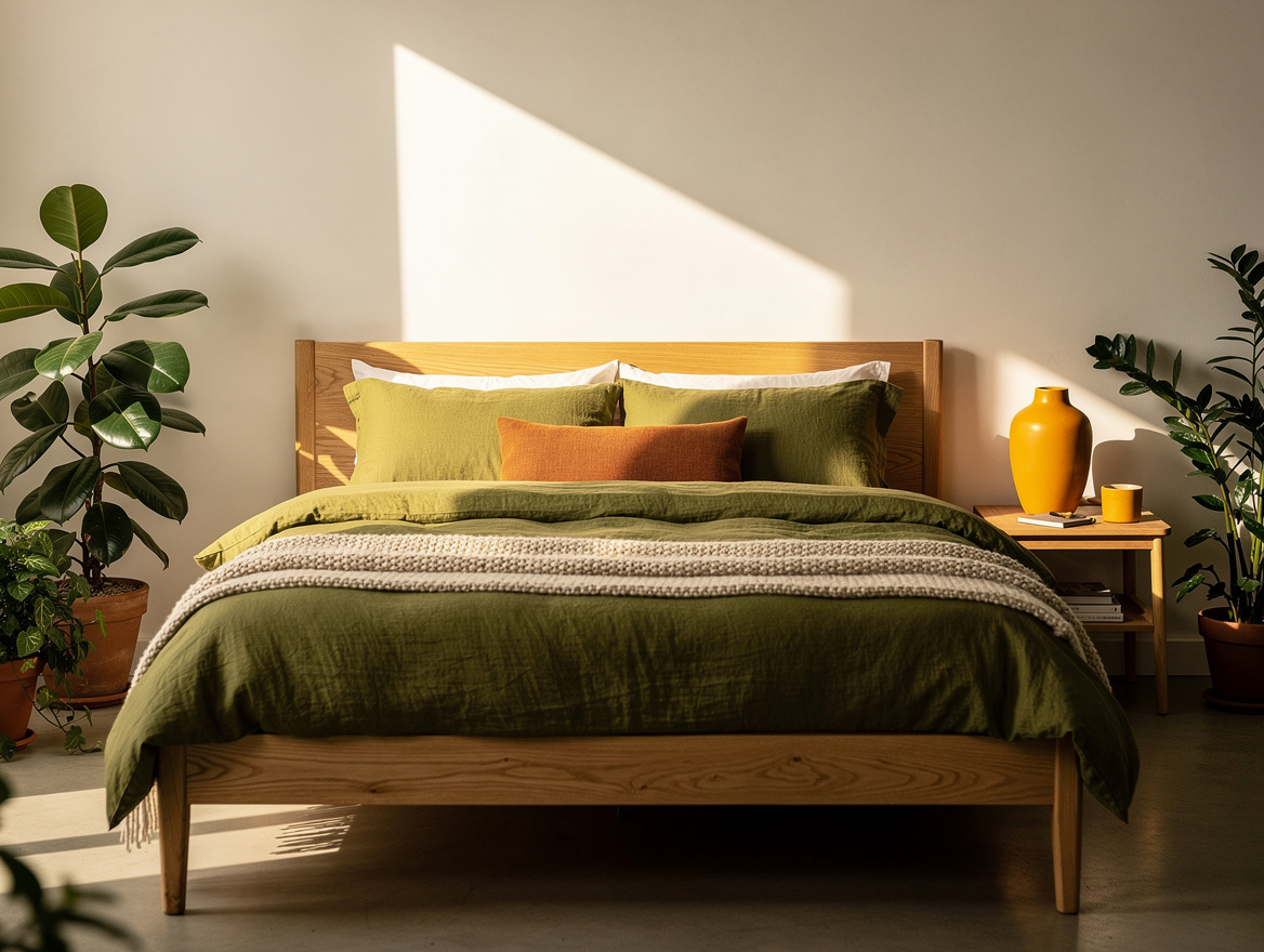 Medium-width editorial bedroom photograph, natural oak bed with olive linen duve