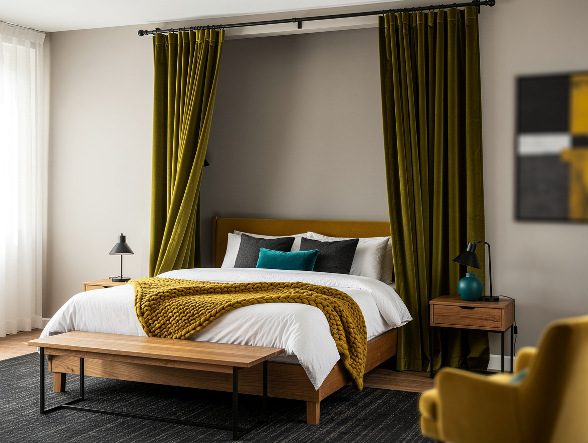 Medium-angle bedroom photo with an open wardrobe concealed by two olive velvet f
