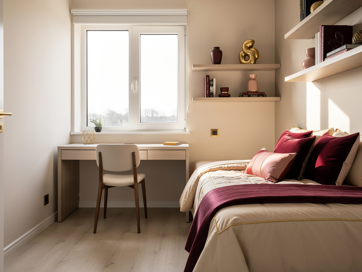 Medium-view realistic photo of a 9 by 9 bedroom with twin bed along one wall and