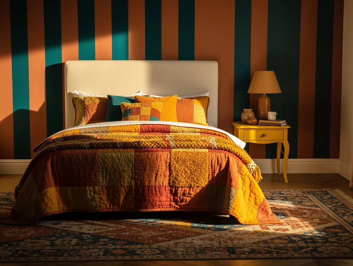 Medium-angle editorial bedroom photo with playful striped wallpaper, plain uphol