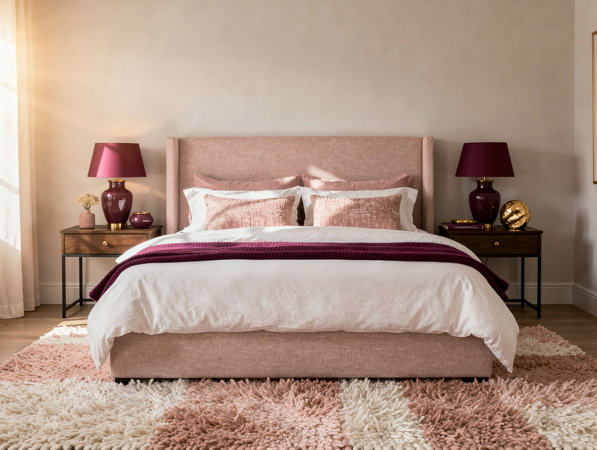 Medium-angle realistic photograph of a warm minimal king bedroom with balanced n