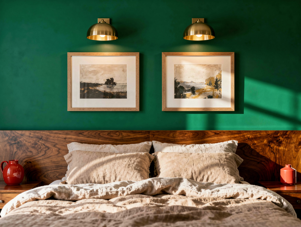 Realistic medium shot of a bedroom wall with two matching brushed brass picture