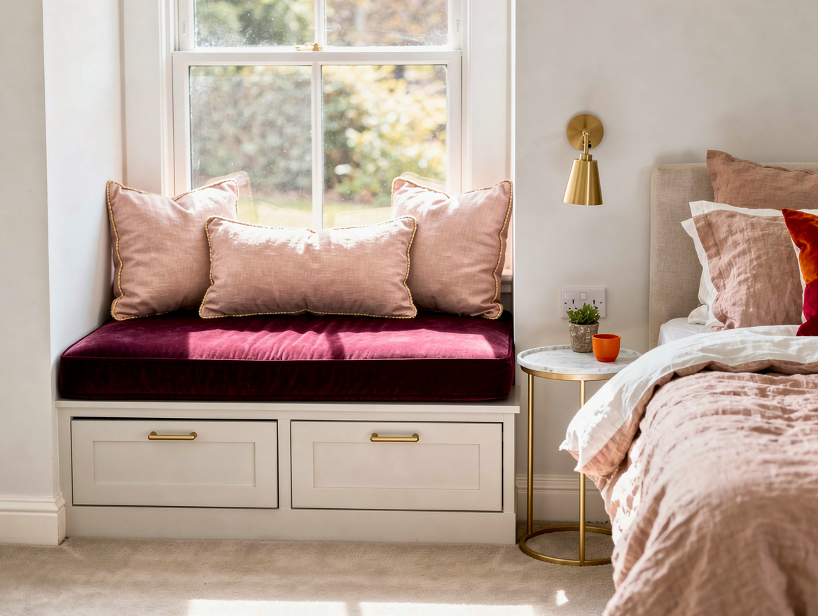 Medium-shot photo of a calm bedroom with a wide window banquette reading nook, t
