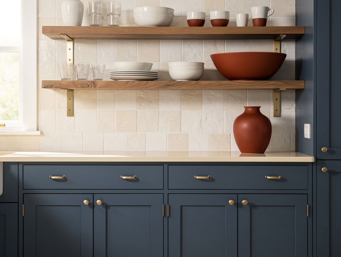 Medium-angle photo of an American shaker kitchen with two oak open shelves on sl