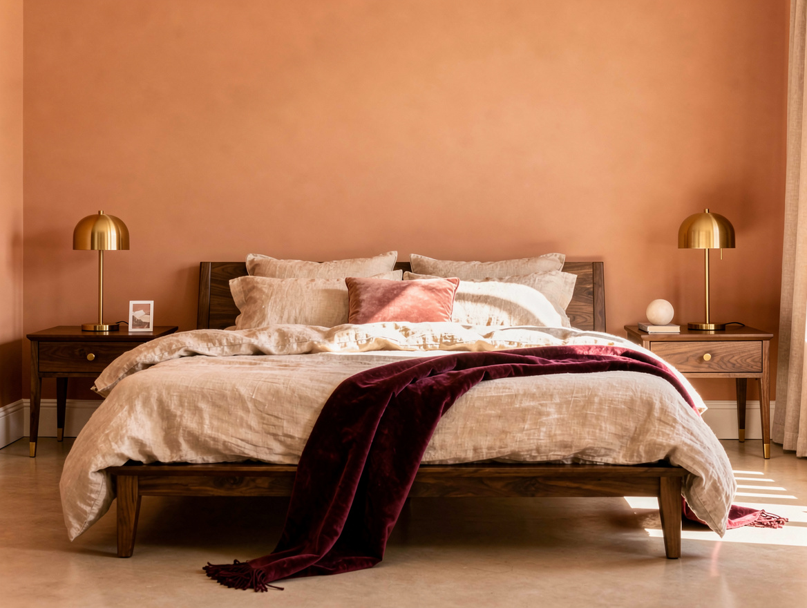 Medium shot of a peach bedroom with low walnut bed, ecru linen bedding and match