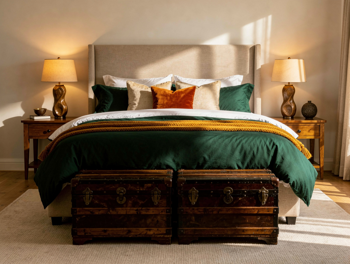 Realistic medium shot of a king bed with two matching dark cabin trunks at the f