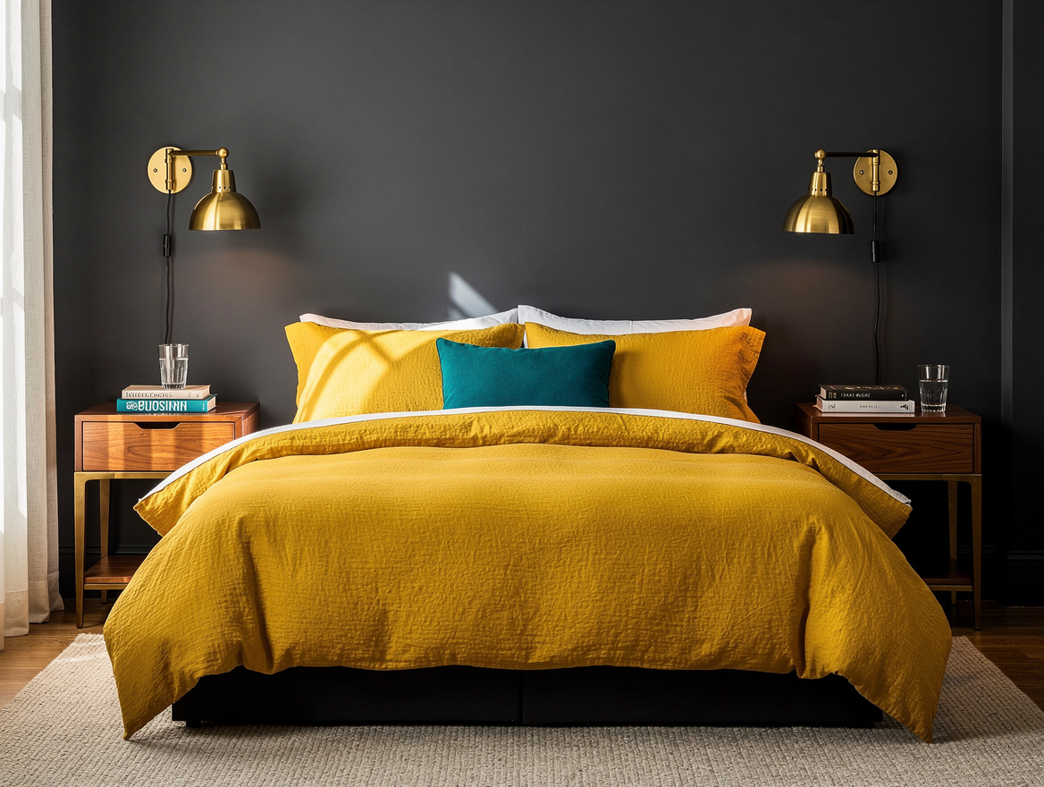 Medium shot editorial photograph of a queen bed with matching brass plug-in swin