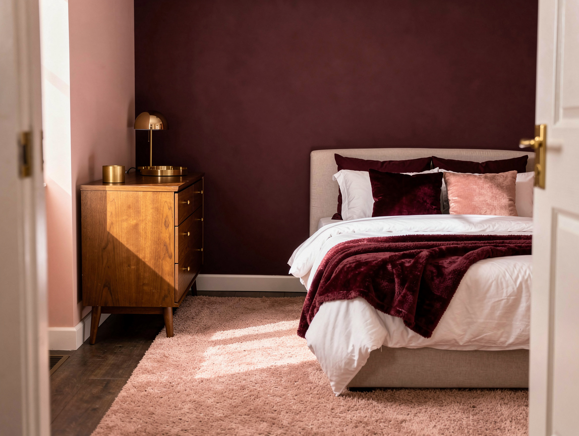 Medium-angle realistic photo of an 8 by 8 foot compact bedroom, full bed placed