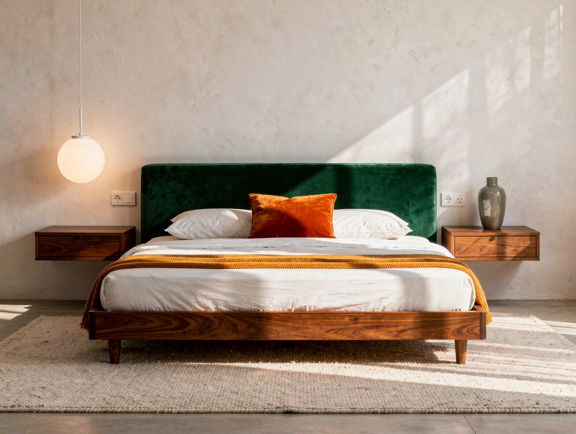 Medium-angle realistic photo of a low teak bed with floating nightstands and glo