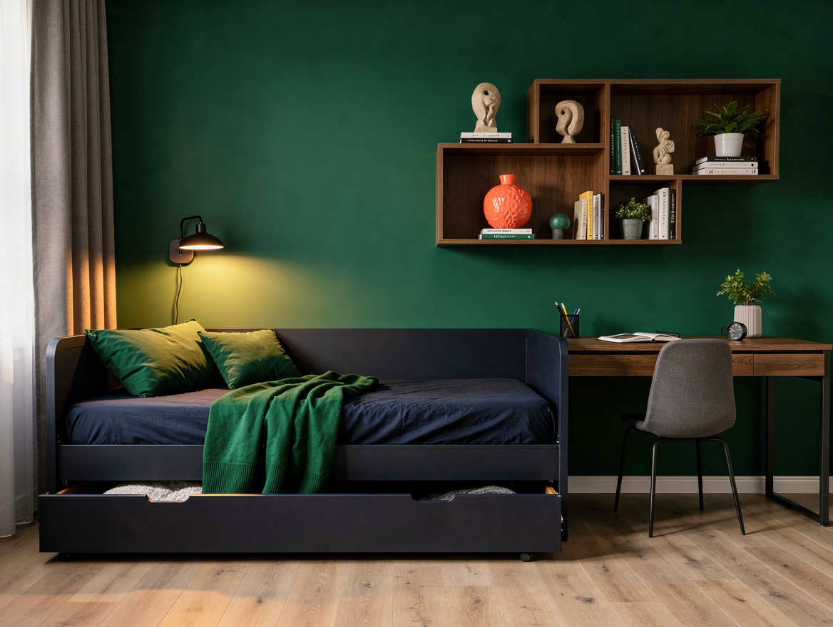 Realistic medium-angle photo of a teen study wall beside a navy twin daybed, sli