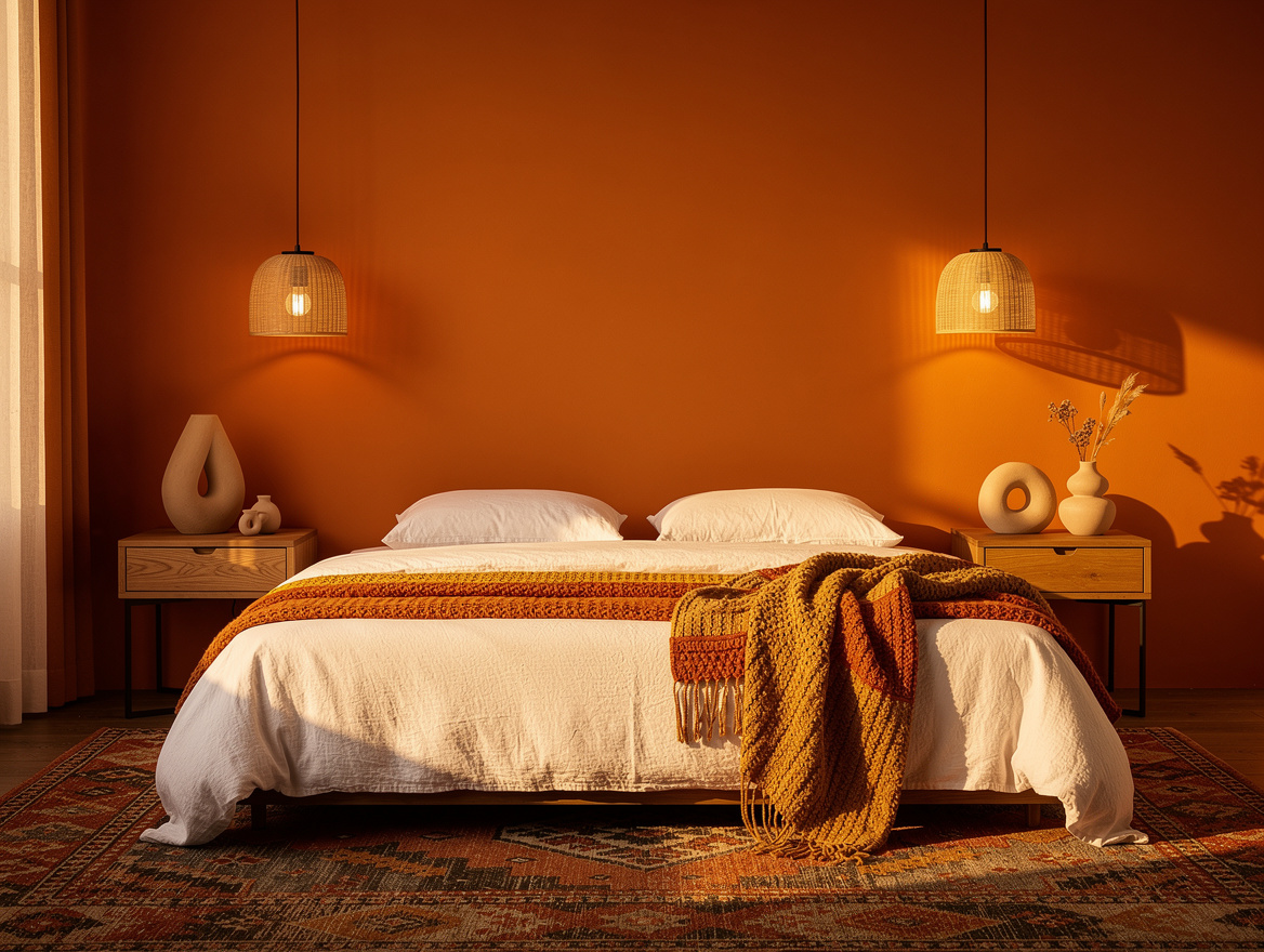 Medium view of a bedroom with two small matching rattan bedside pendants hung ab