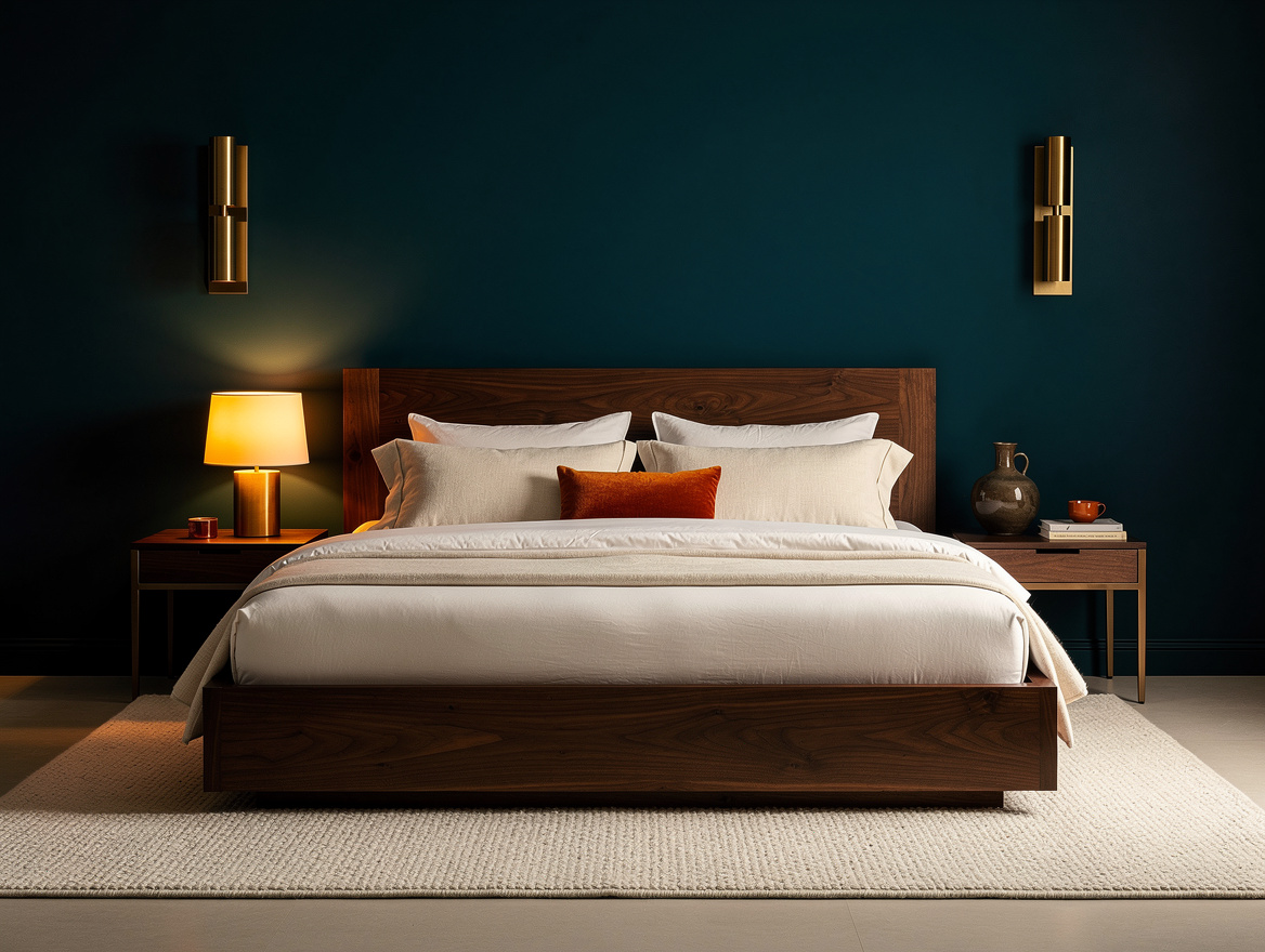 Medium-angle photo of a dark wood bedroom with a walnut bed, paired brushed bras
