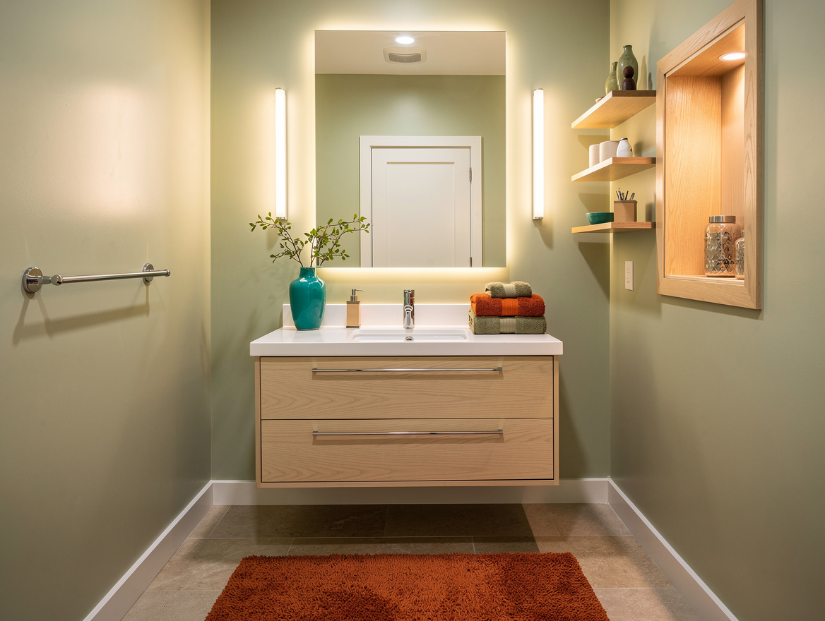 Medium-angle realistic photograph of a 5 x 8-foot windowless bathroom with pale