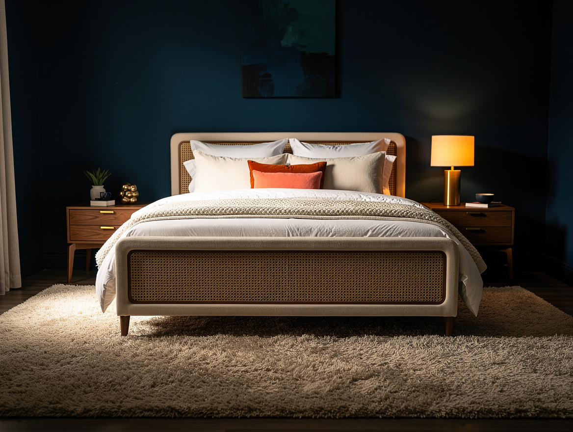 Medium-angle editorial photograph of a navy bedroom with a cane-panel bed, warm