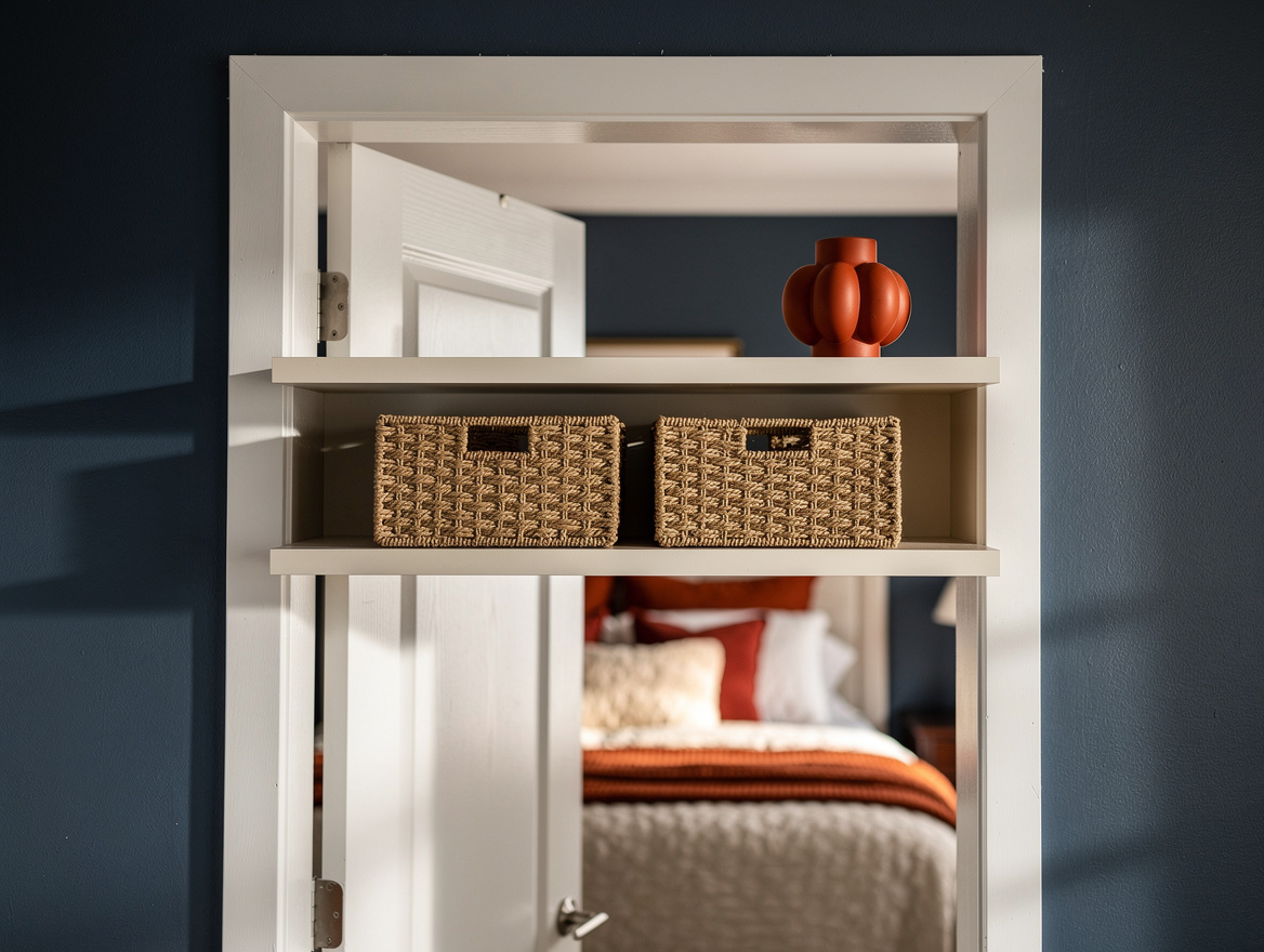 Medium-angle realistic photo of a compact bedroom doorway with a 100 cm shallow