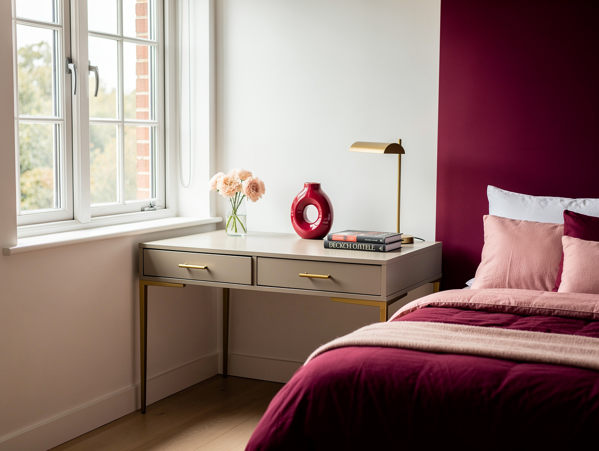 Medium shot of a small bedroom with adjacent windows, slim desk under one window