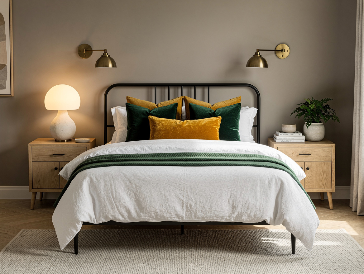 Medium-wide photo of a modern farmhouse bedroom with black iron bed, paired natu