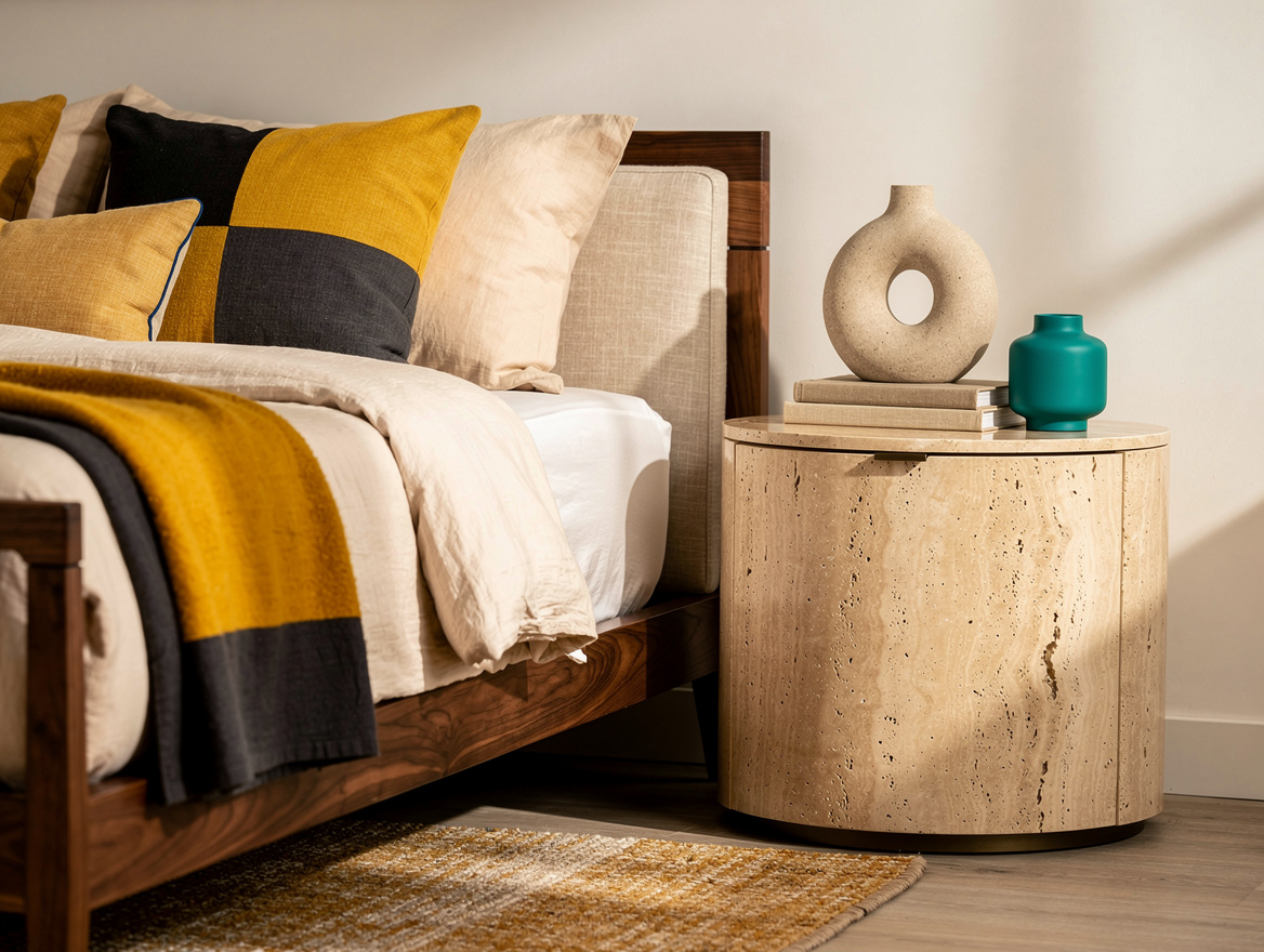 Medium shot of a warm neutral bedroom with a travertine drum nightstand beside a