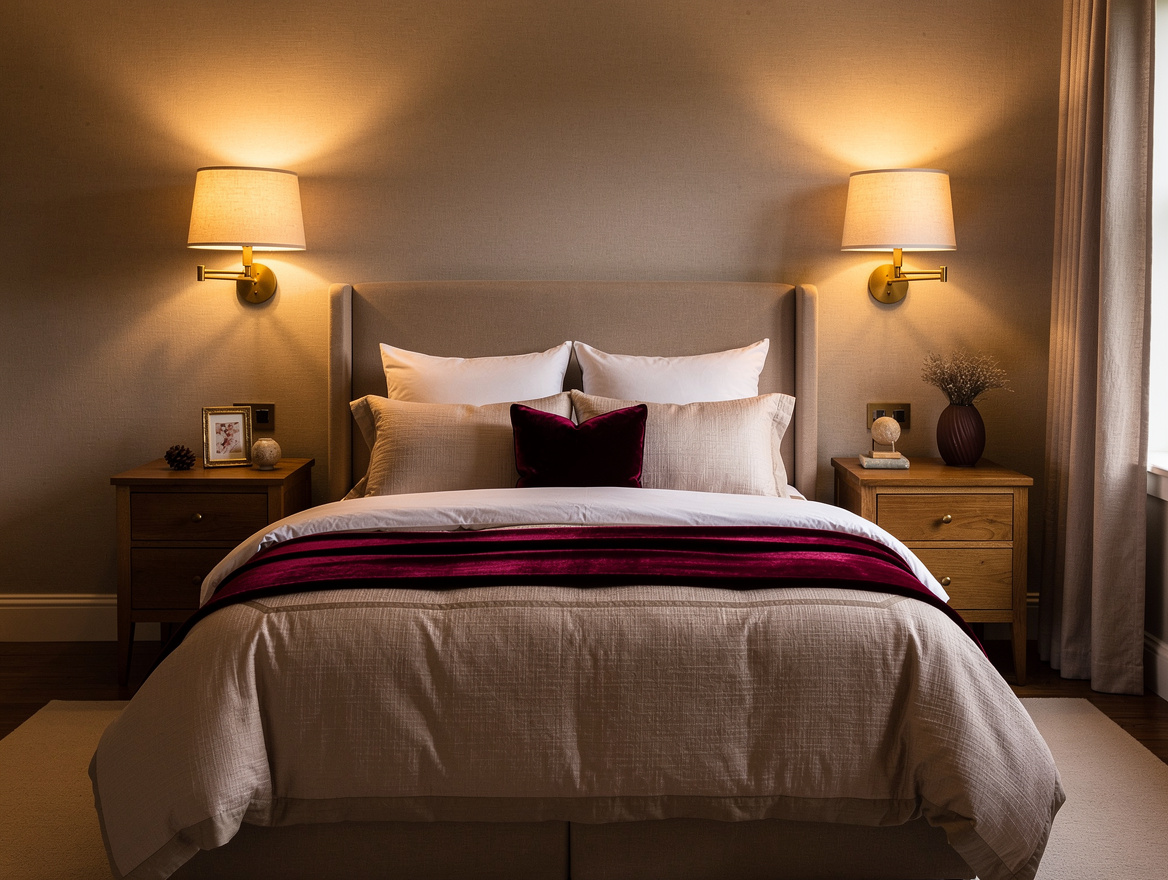 Medium shot of a traditional bedroom with linen-shade wall sconces mounted besid