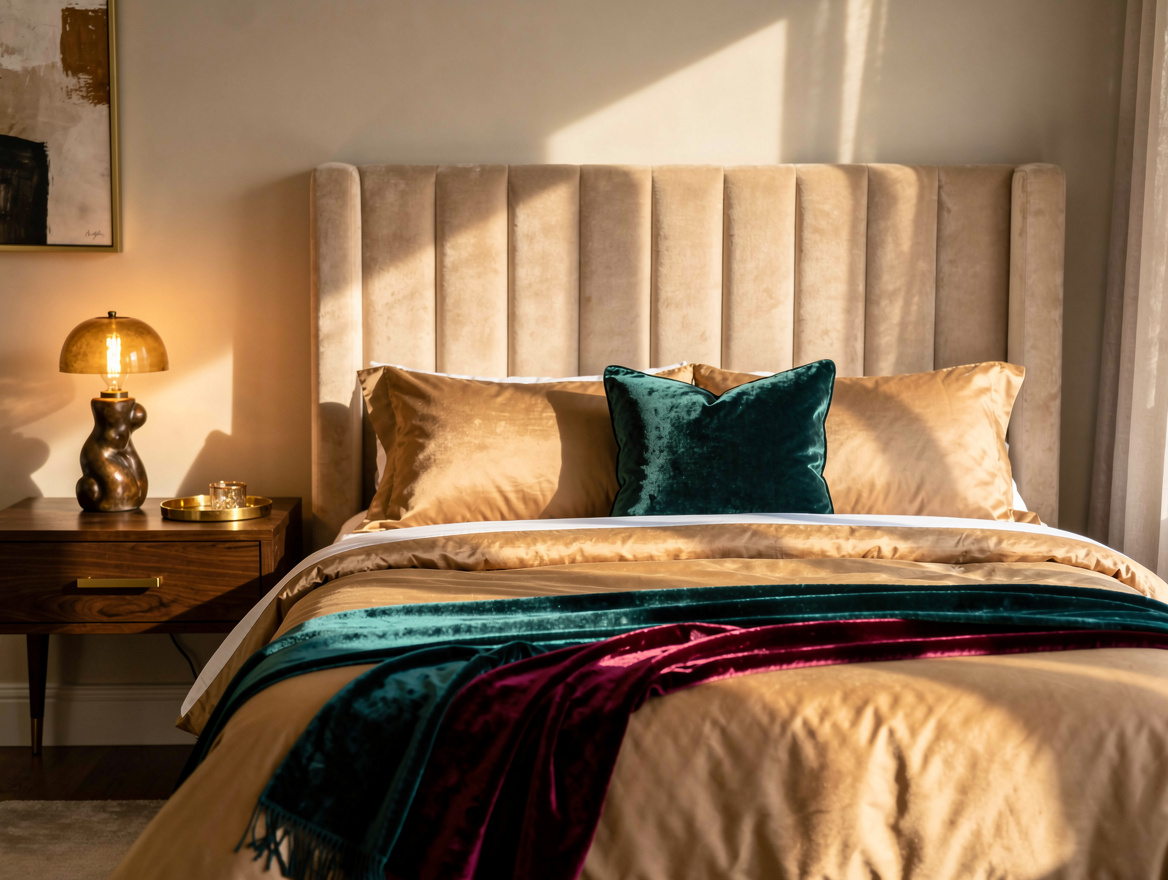 Medium-shot editorial photograph of a warm modern bedroom with camel cashmere-co