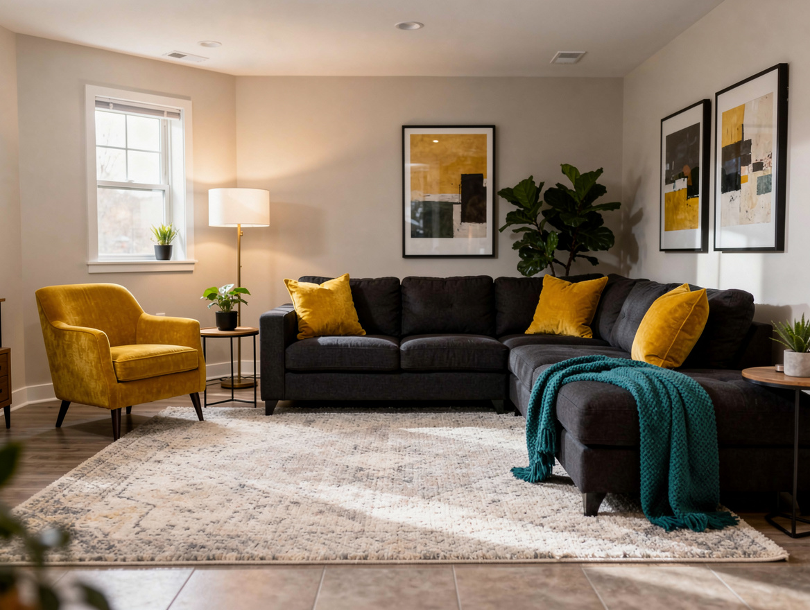 Medium-wide photo of an American basement family room with L-shaped sectional, l