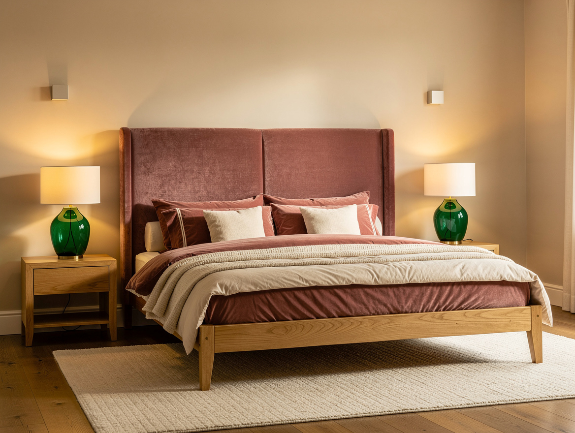 Realistic medium-shot interior photo of a dusty rose bedroom with cream walls, u