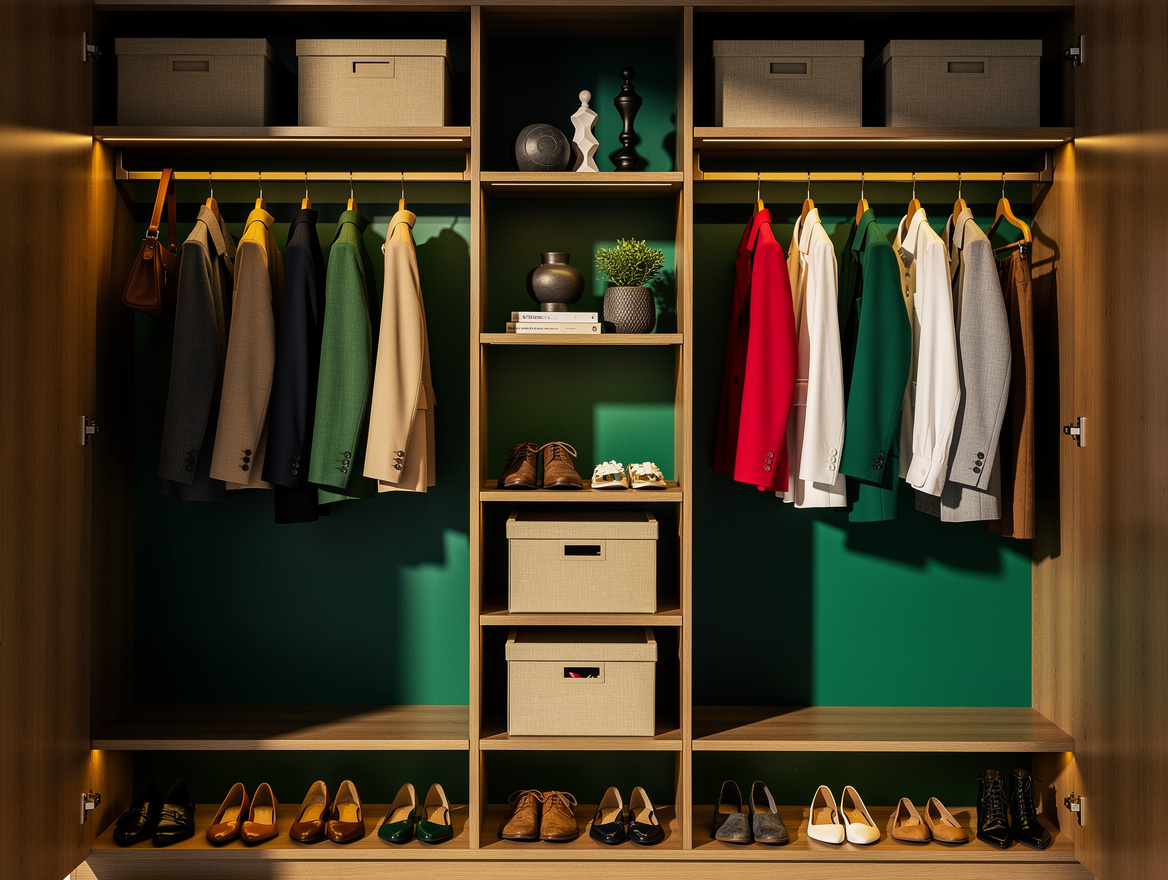 Medium shot of a compact reach-in closet with double-hang clothing zone, narrow