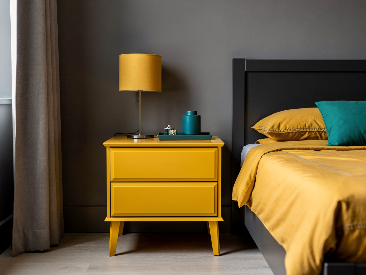 Medium shot of a compact bedroom with a small painted wood dresser used as a nig