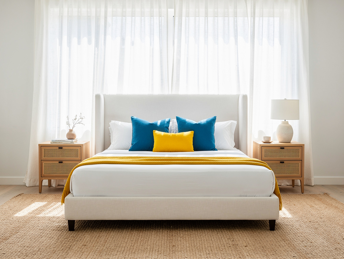 Medium-angle editorial bedroom photo with a linen-upholstered bed, woven-rattan