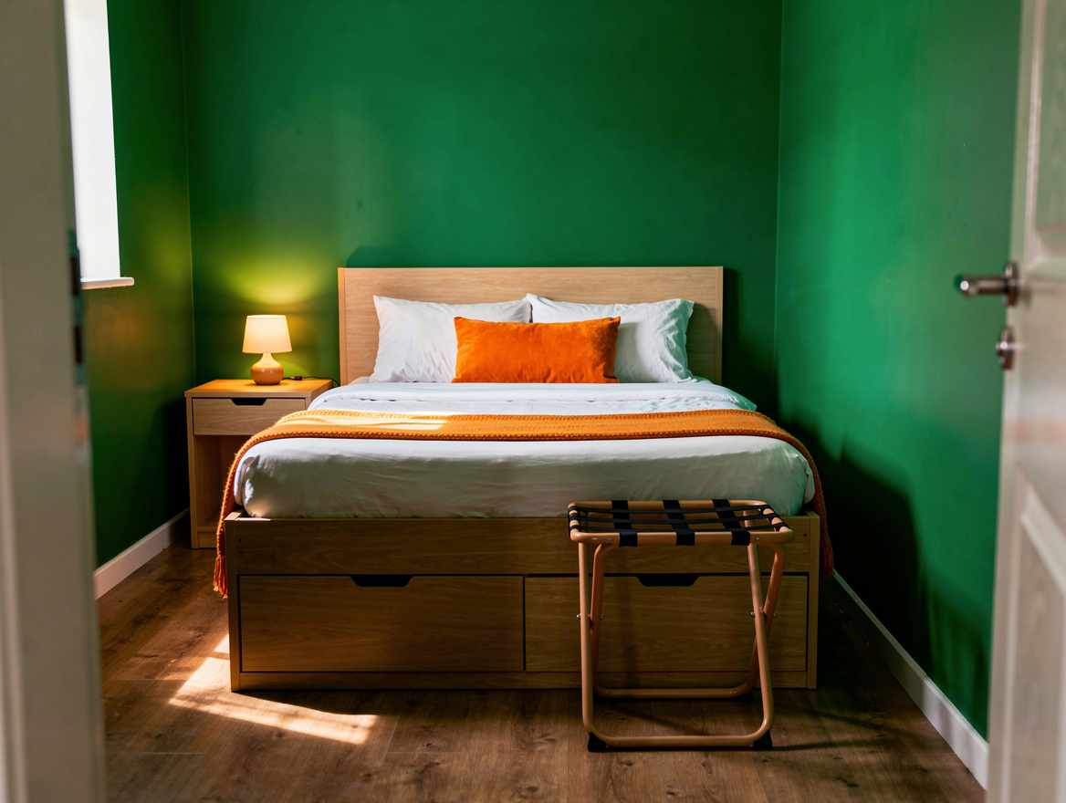 Medium-width view of a 10 by 10 foot guest bedroom with a full-size storage bed,