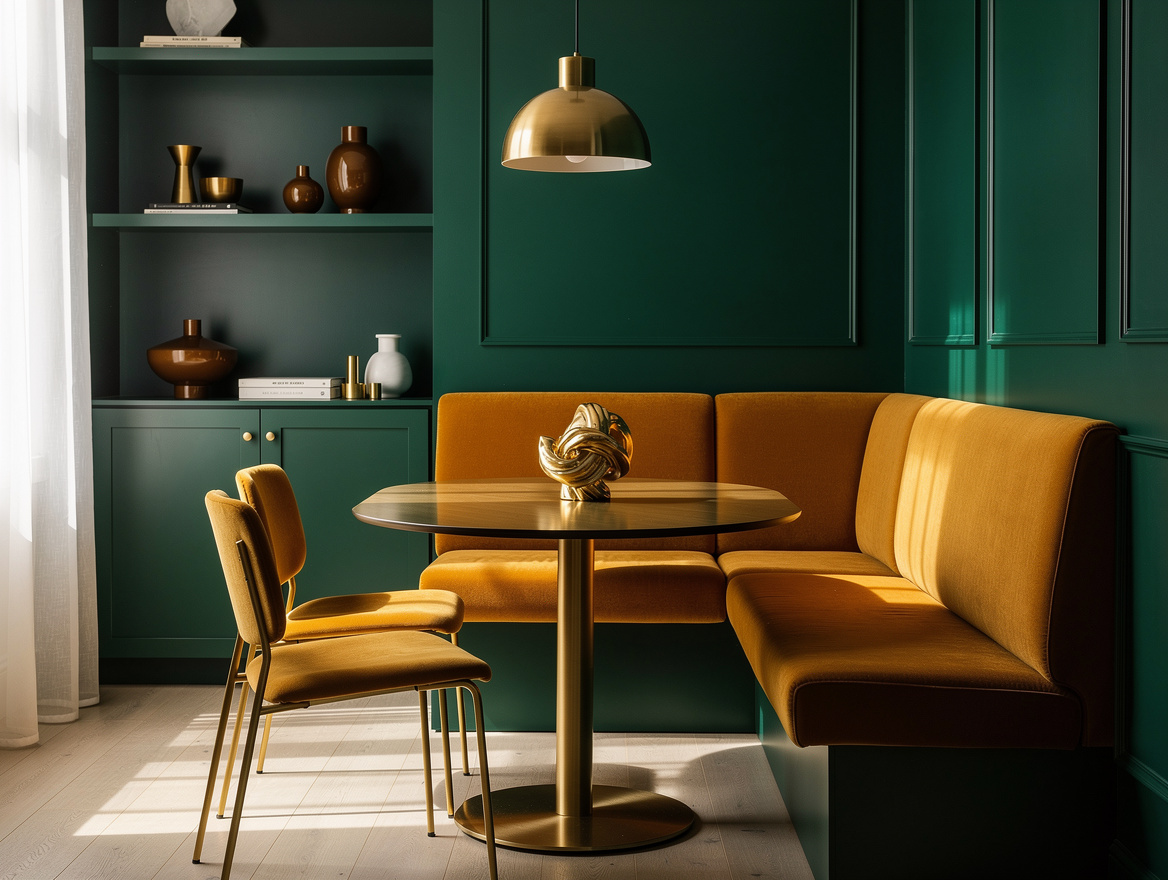 Medium-angle photo of a narrow small dining room with a linear wall banquette, r