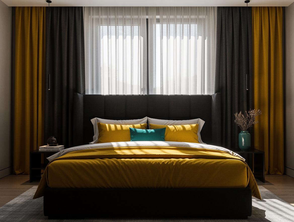 Medium-angle realistic bedroom photo with queen bed, 72-inch upholstered headboa
