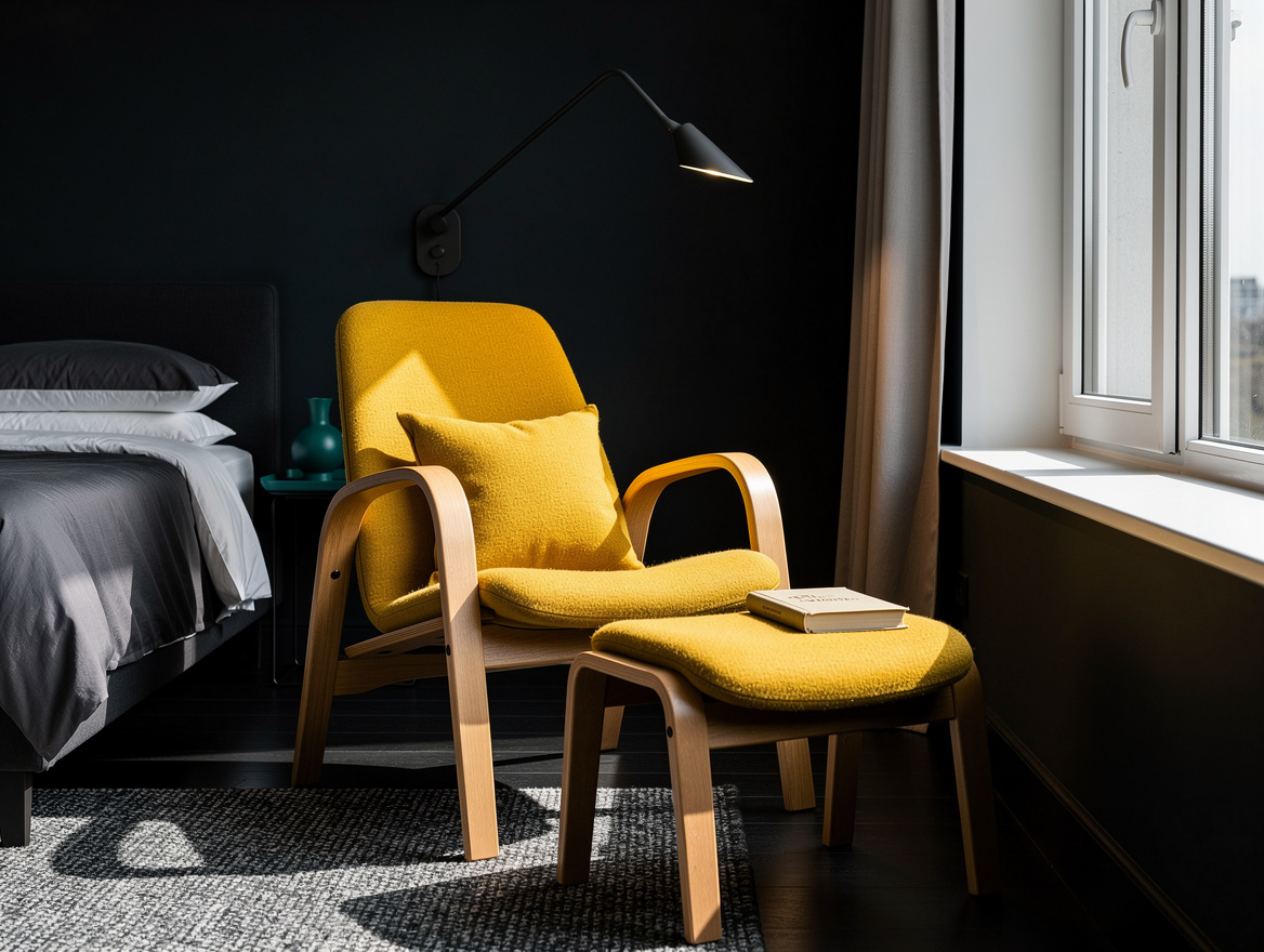 Medium shot of a compact birch bentwood reading chair and ottoman beside a bedro